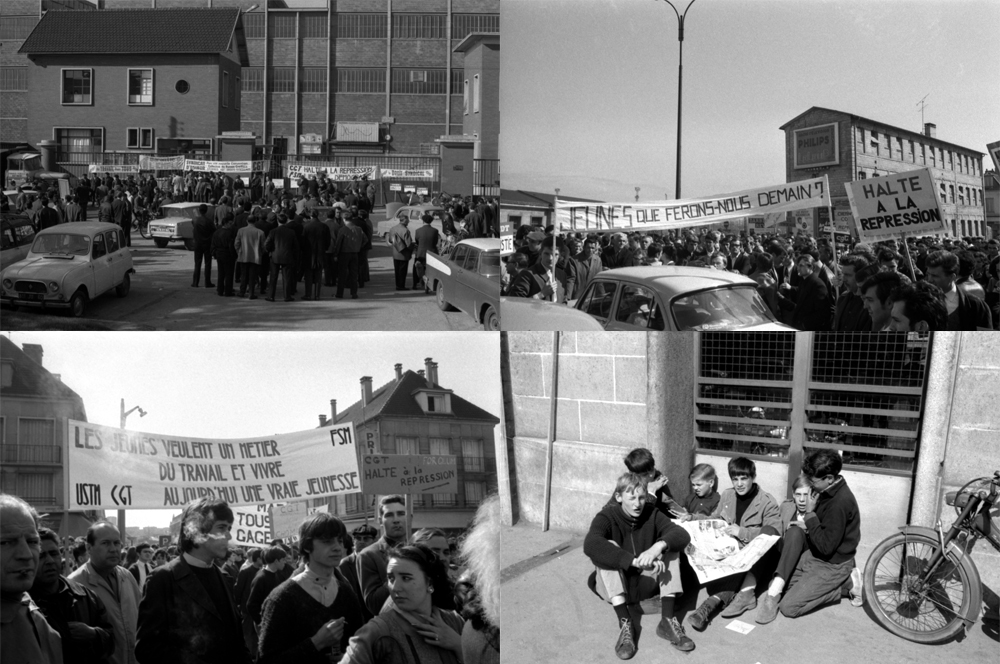 Usine Usinor à Montataire près de Creil (Oise) et rassemblement à la gare le matin du 13 mai 1968. Enfants au pied des HLM à Creil en marge de la manifestation.